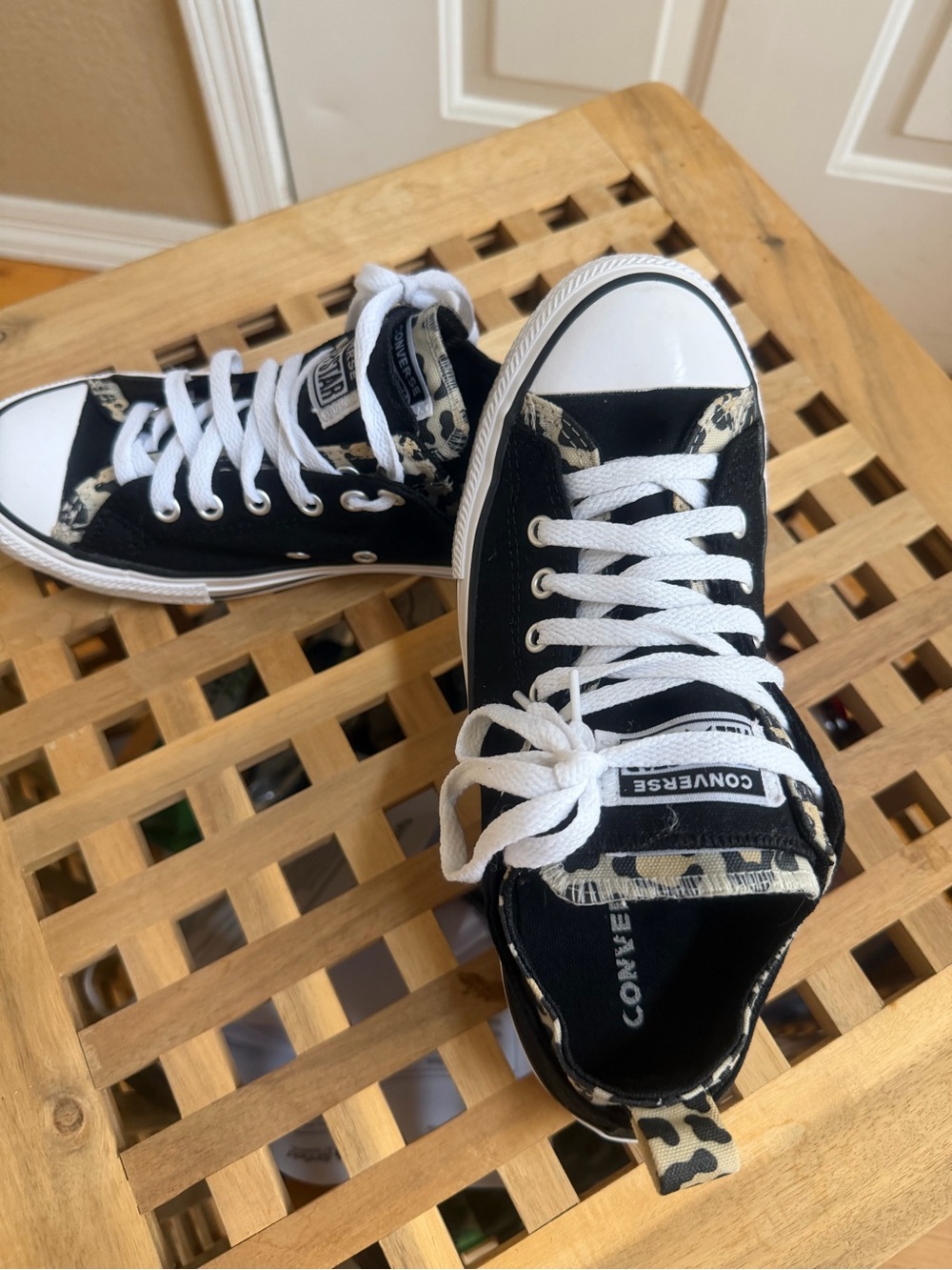 Converse Black Canvas Kids Sneakers with White Laces and Leopard Trim